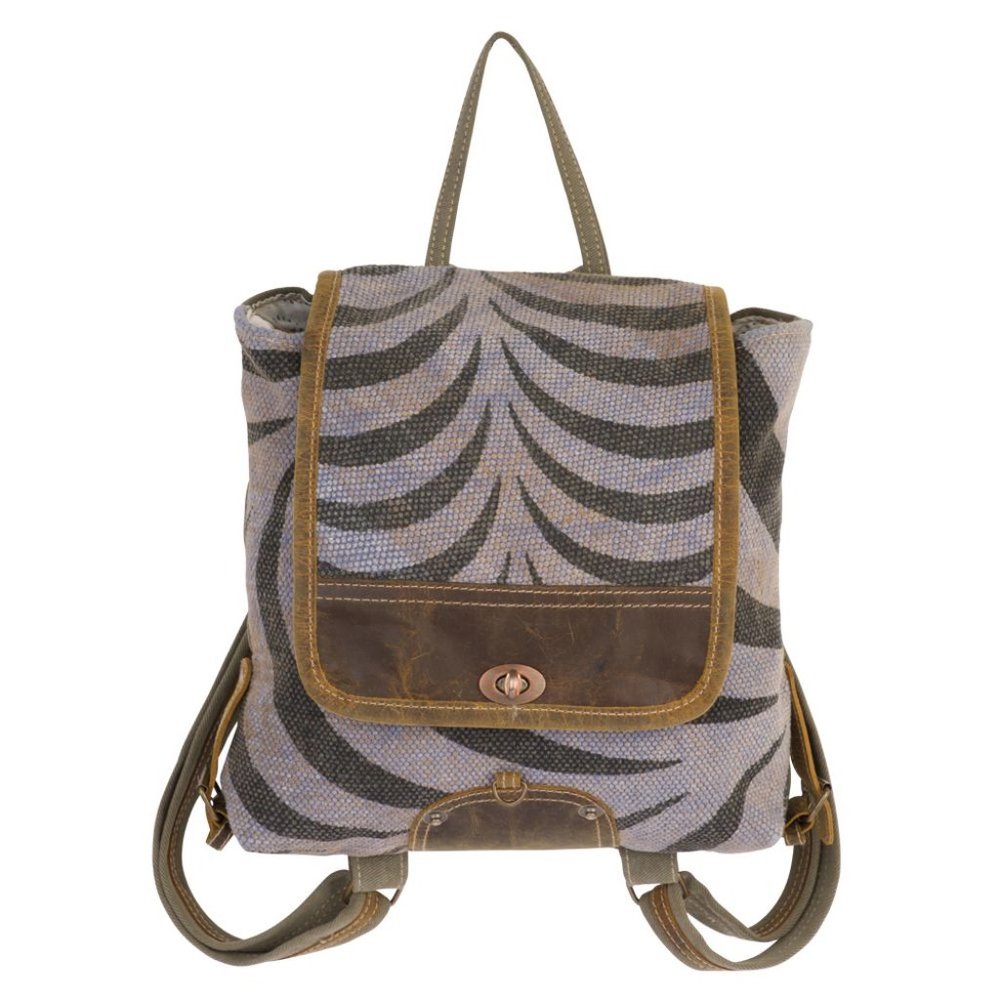 Myra Bag Handmade Grey Backpack Upcycled Canvas & Cowhide Leather - Picture 4 of 7